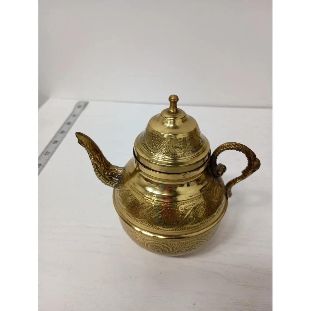 Vintage Teapot Embossed Brass Asian Small Gold Decorative Tea Pot Etched Floral